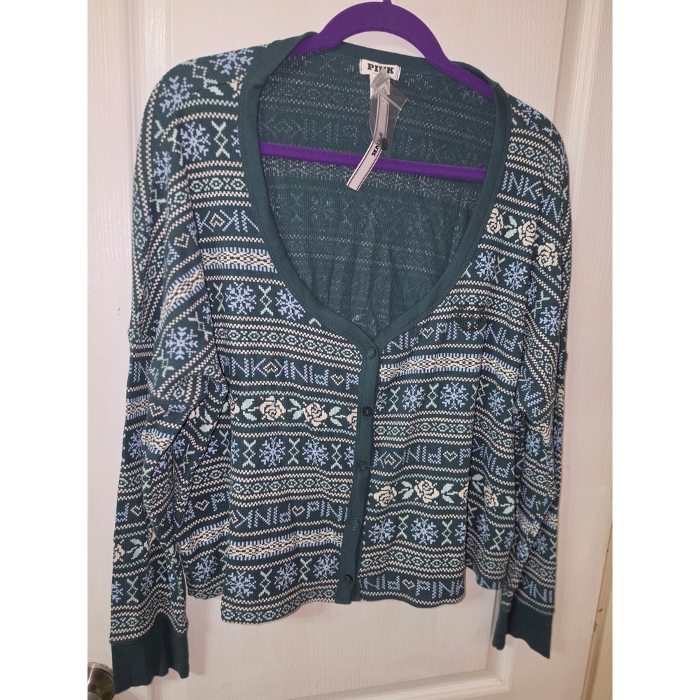 dark green Victoria's Secret‎ PINK thermal cardigan festive fair isle pattern